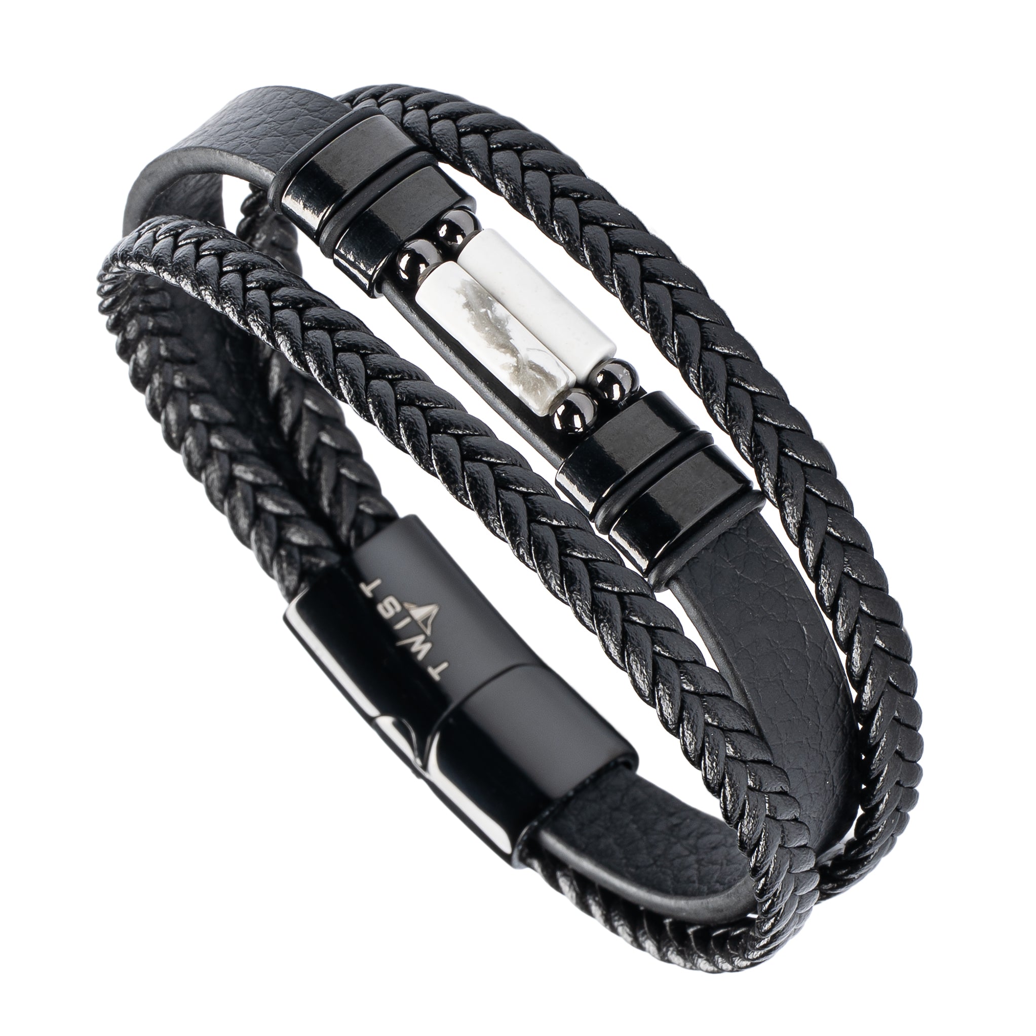 Twist Men's Braided Leather and Natural Stone Bracelet