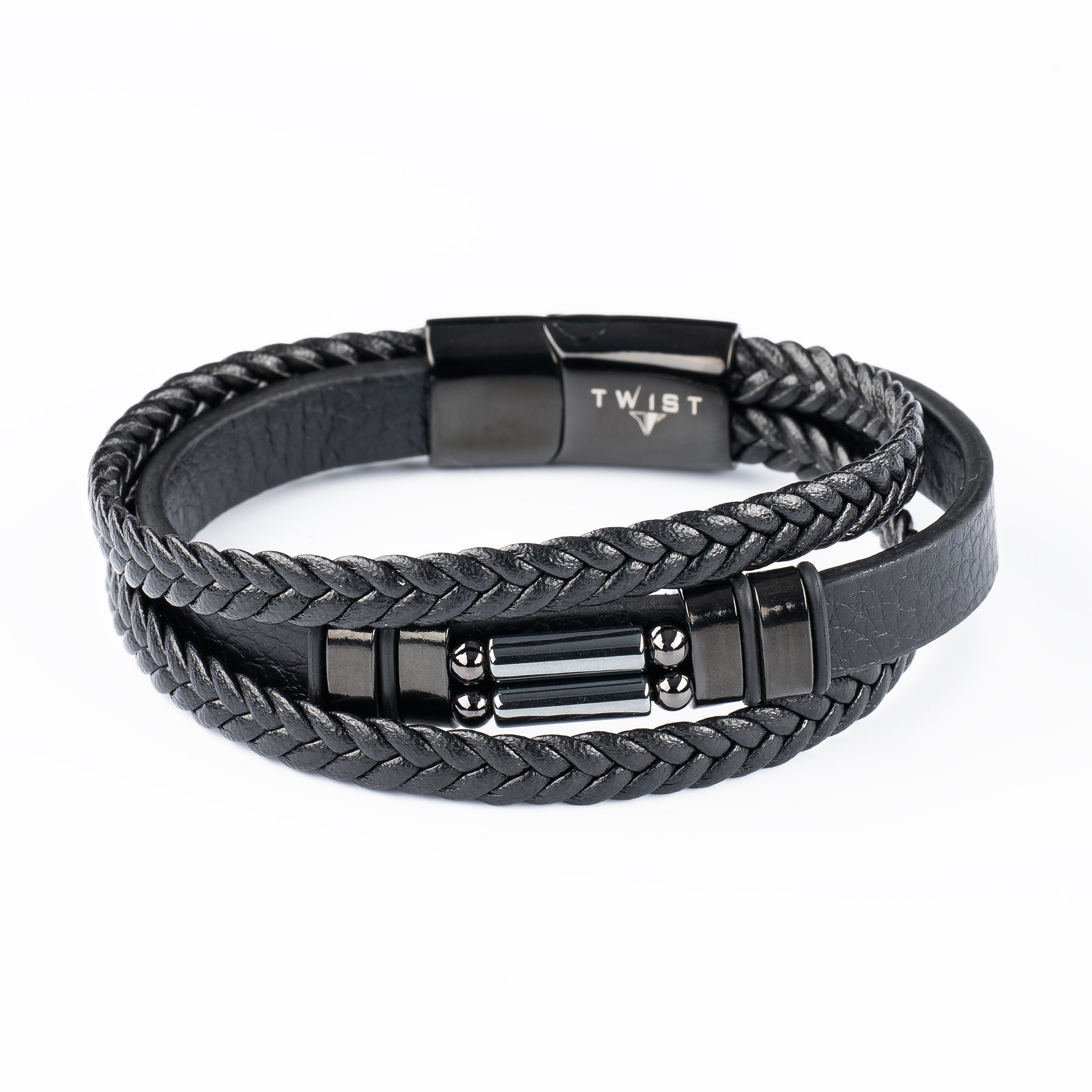 Twist Men's Braided Leather and Natural Stone Bracelet