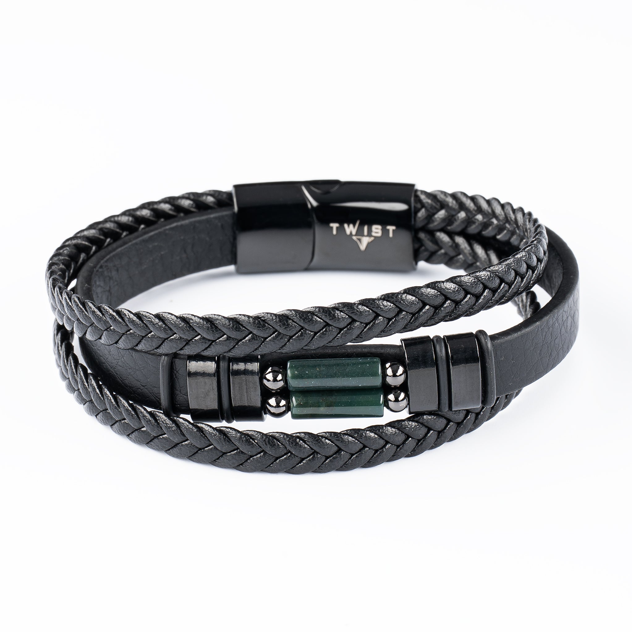 Twist Men's Braided Leather and Natural Stone Bracelet